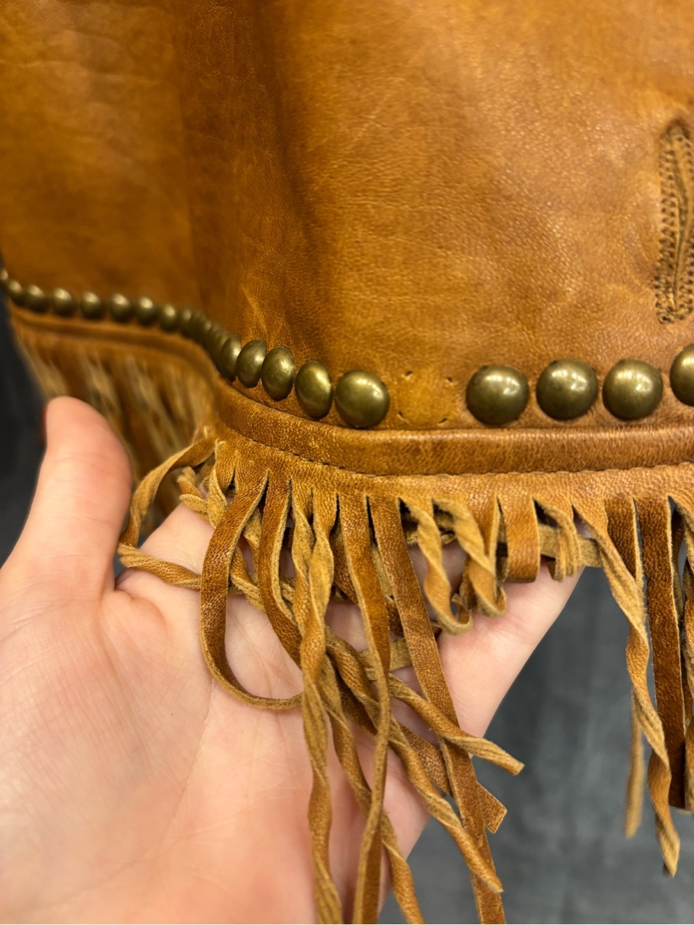 Medium Double D Ranch Tan Fringe Studded Western Cowgirl Leather Jacket - Picture 5 of 11
